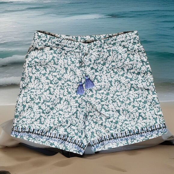 J. Jill Pants - J. Jill Love Linen Shorts Embroidered Hem Tassel Women’s S Green Floral Small